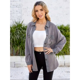 Drop Shoulder Button Front Shirt, Casual Long Sleeve With Pocket Shirt For Spring & Fall, Women's Clothing