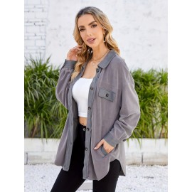 Drop Shoulder Button Front Shirt, Casual Long Sleeve With Pocket Shirt For Spring & Fall, Women's Clothing