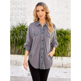 Drop Shoulder Button Front Shirt, Casual Long Sleeve With Pocket Shirt For Spring & Fall, Women's Clothing