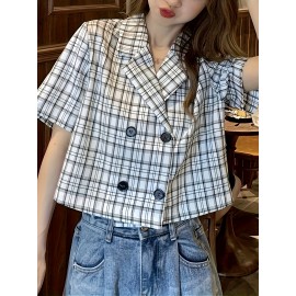 Plaid Print Double Breasted Crop Blouse, Casual Short Sleeve Lapel Blouse For Spring & Summer, Women's Clothing