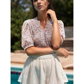 Floral Print Notched Neck Blouse, Casual Pleated Puff Sleeve Blouse For Spring & Summer, Women's Clothing