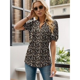 Floral Print Notched Neck Blouse, Casual Pleated Puff Sleeve Blouse For Spring & Summer, Women's Clothing