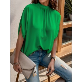 Womens Elegant Pintuck Batwing Sleeve Blouse - High Neck, Micro Elasticity, Solid Color, Machine Washable, Casual Top for Spring & Fall - Tooluck Brand