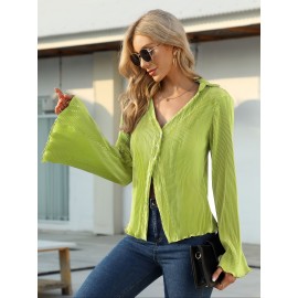 Solid Pleated V Neck Blouse, Casual Button Front Bell Sleeve Blouse For Spring & Fall, Women's Clothing