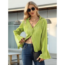 Solid Pleated V Neck Blouse, Casual Button Front Bell Sleeve Blouse For Spring & Fall, Women's Clothing