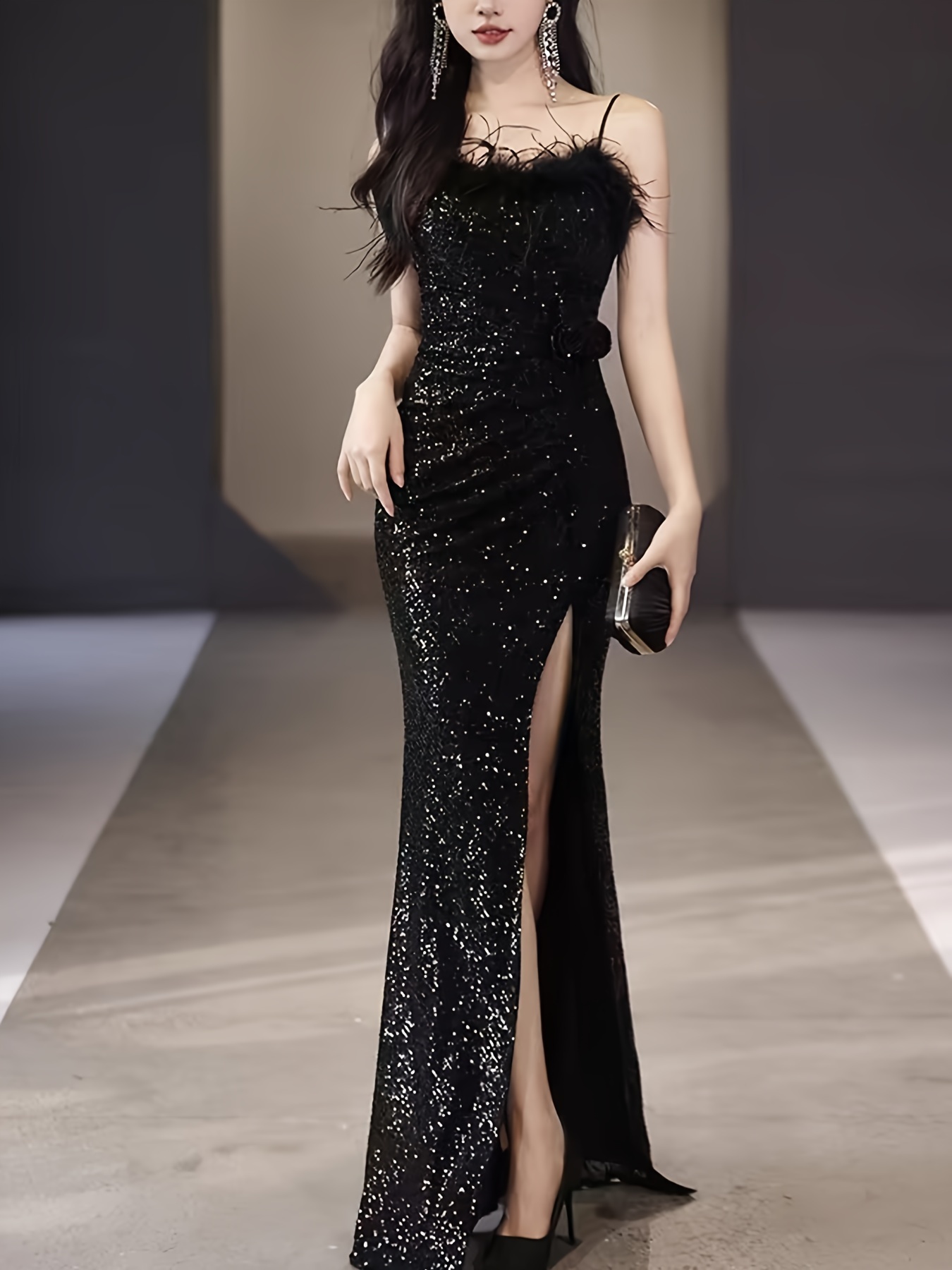 elegant black sequin evening gown for women luxurious off shoulder sleeveless with belt side     parties banquets details 6