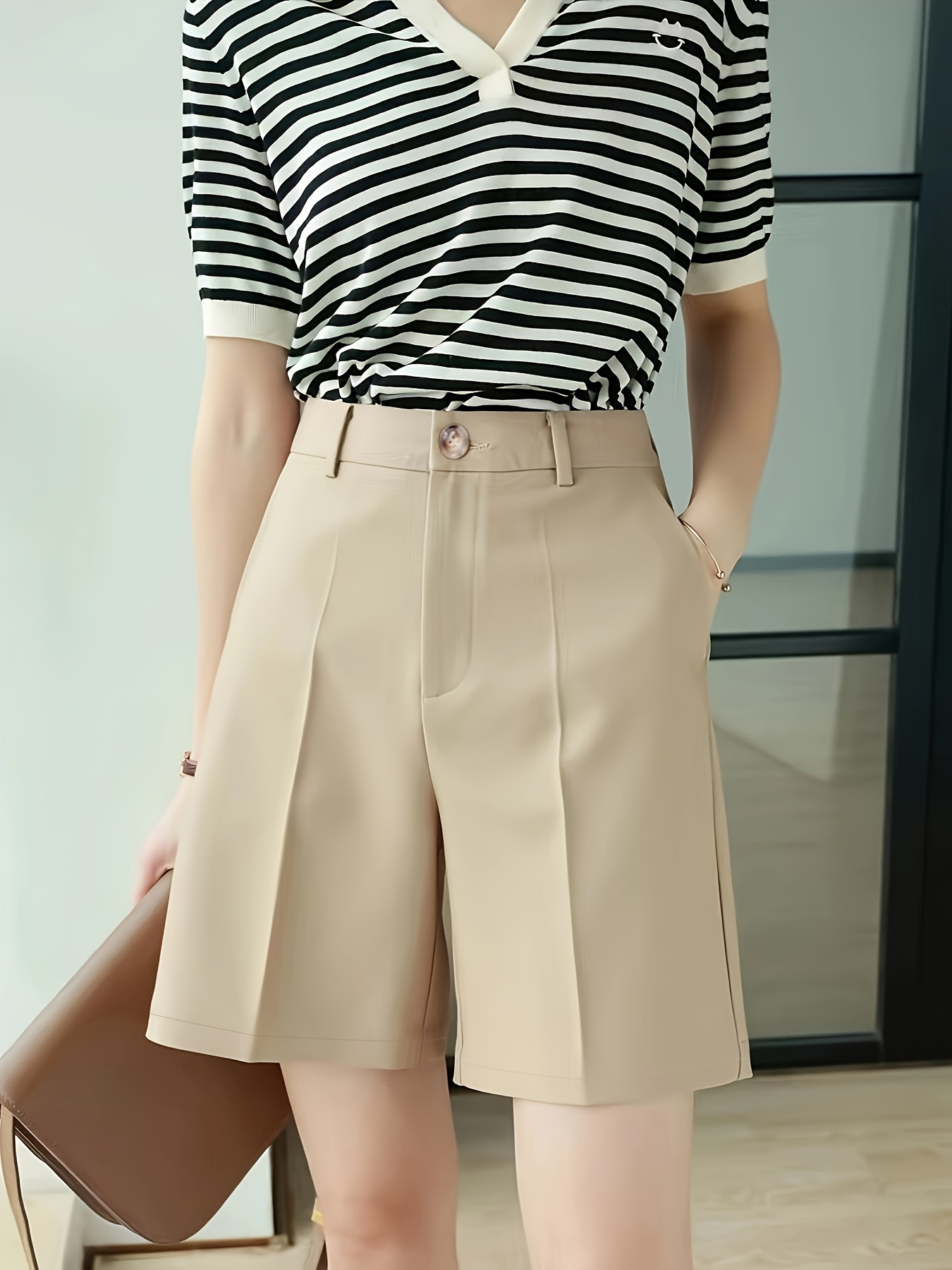 button front high waist shorts   color slant pockets loose shorts for   womens clothing details 0