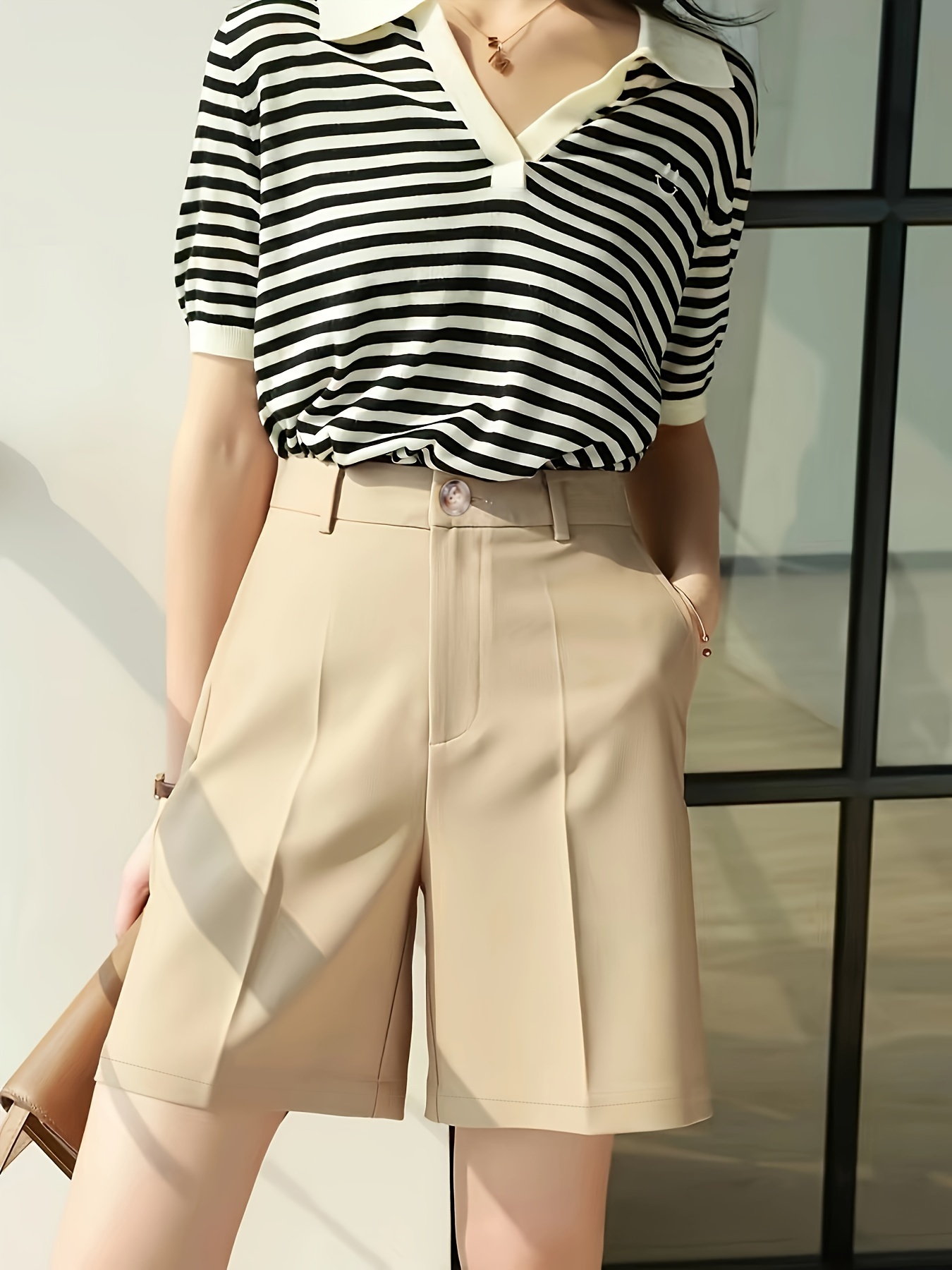 button front high waist shorts   color slant pockets loose shorts for   womens clothing details 1