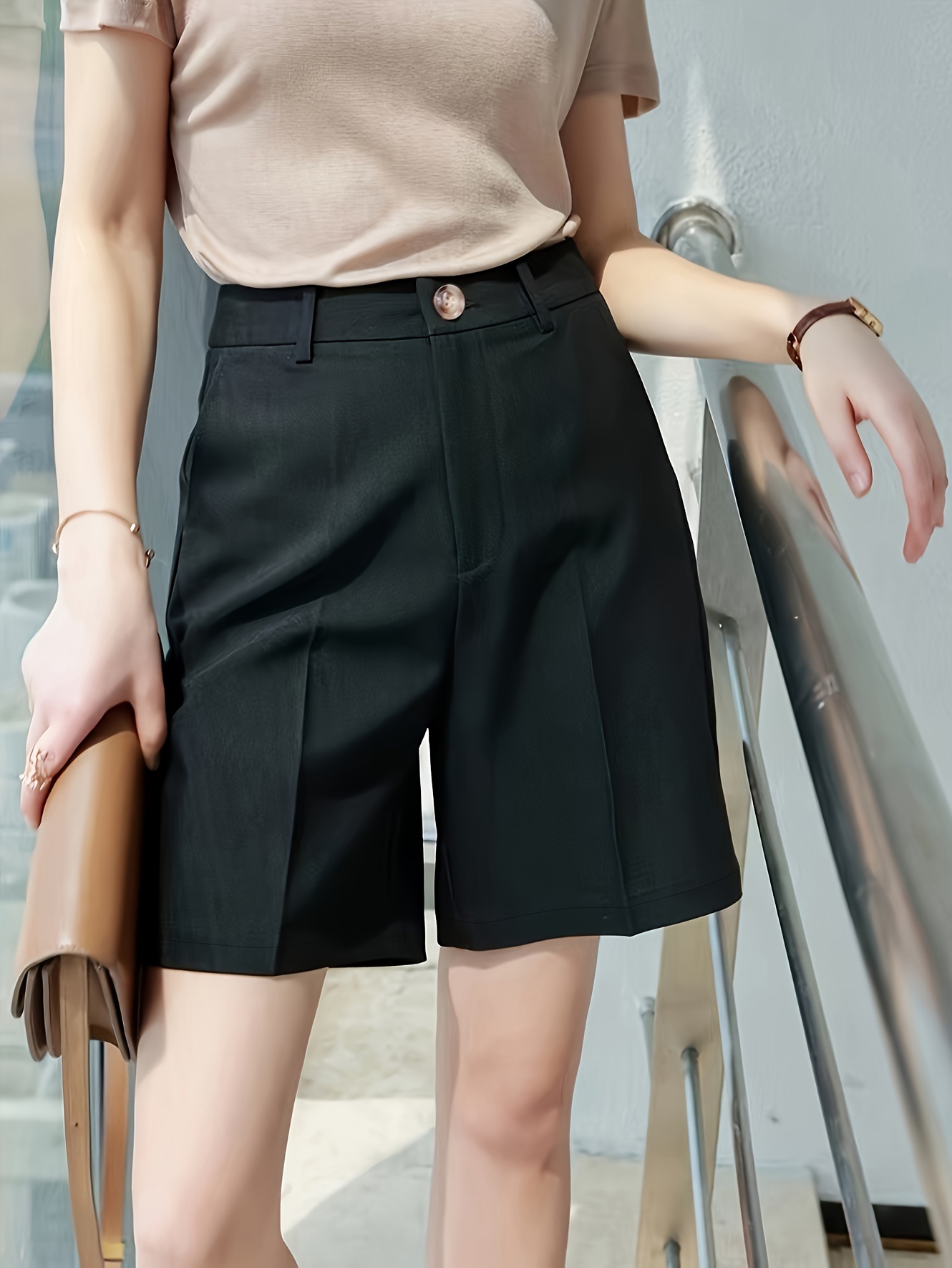 button front high waist shorts   color slant pockets loose shorts for   womens clothing details 3