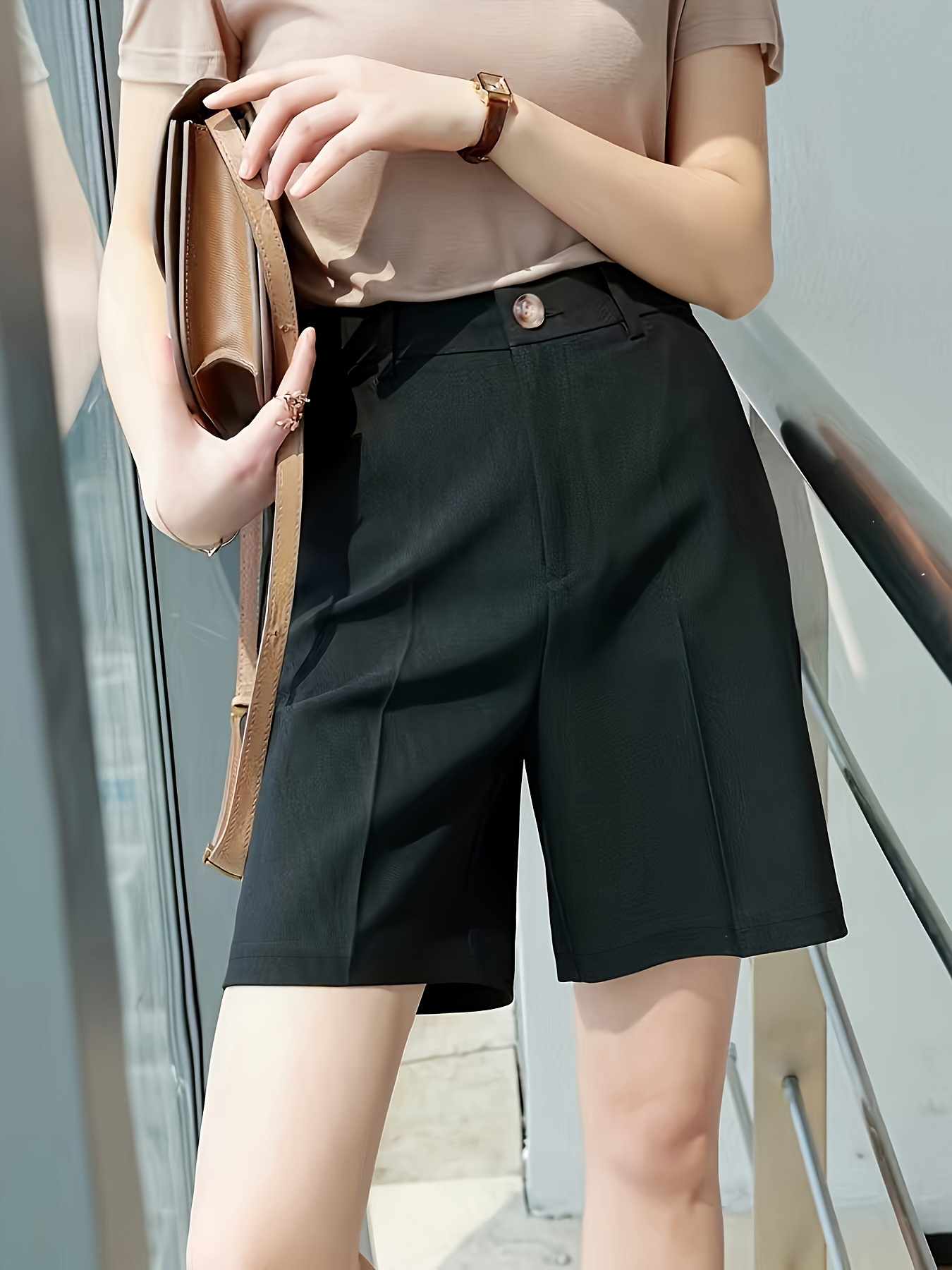 button front high waist shorts   color slant pockets loose shorts for   womens clothing details 4