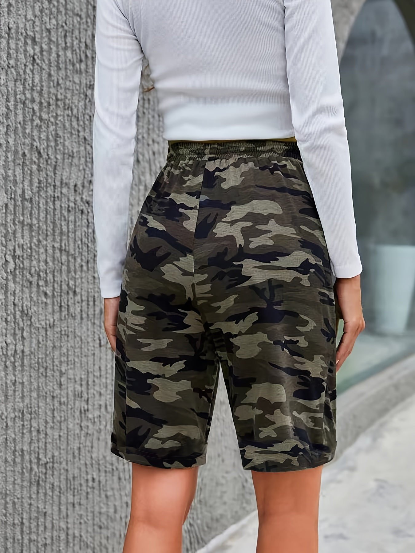 camo print patched pockets shorts casual   waist drawstring shorts for   womens clothing details 3