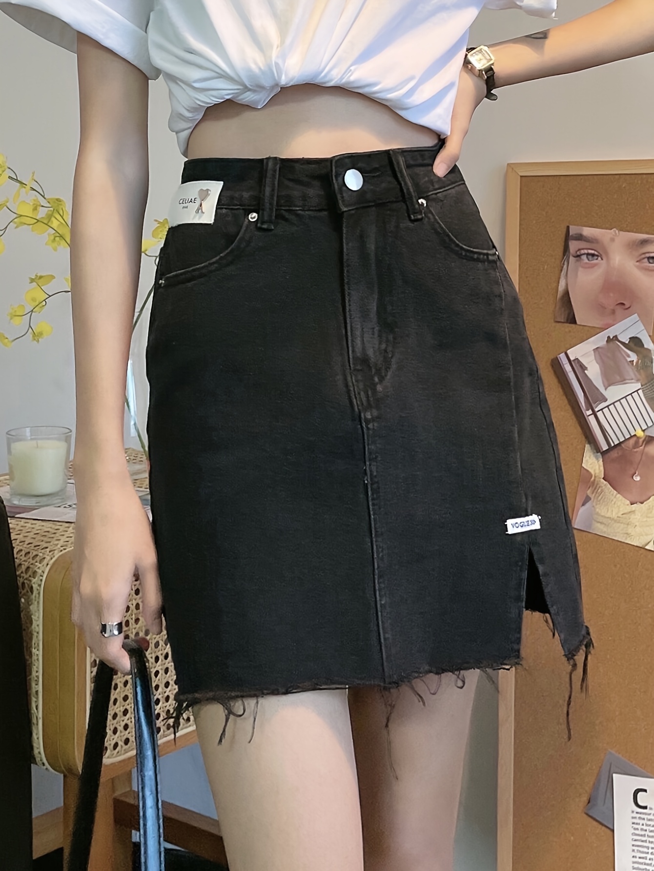 Women S  -Waist Denim Skirt,   Color Black, Non-Stretch Cotton  , Regular Fit, with Split Hem and     Detail, for Spring/Summer/Fall - Woven Fabric details 0