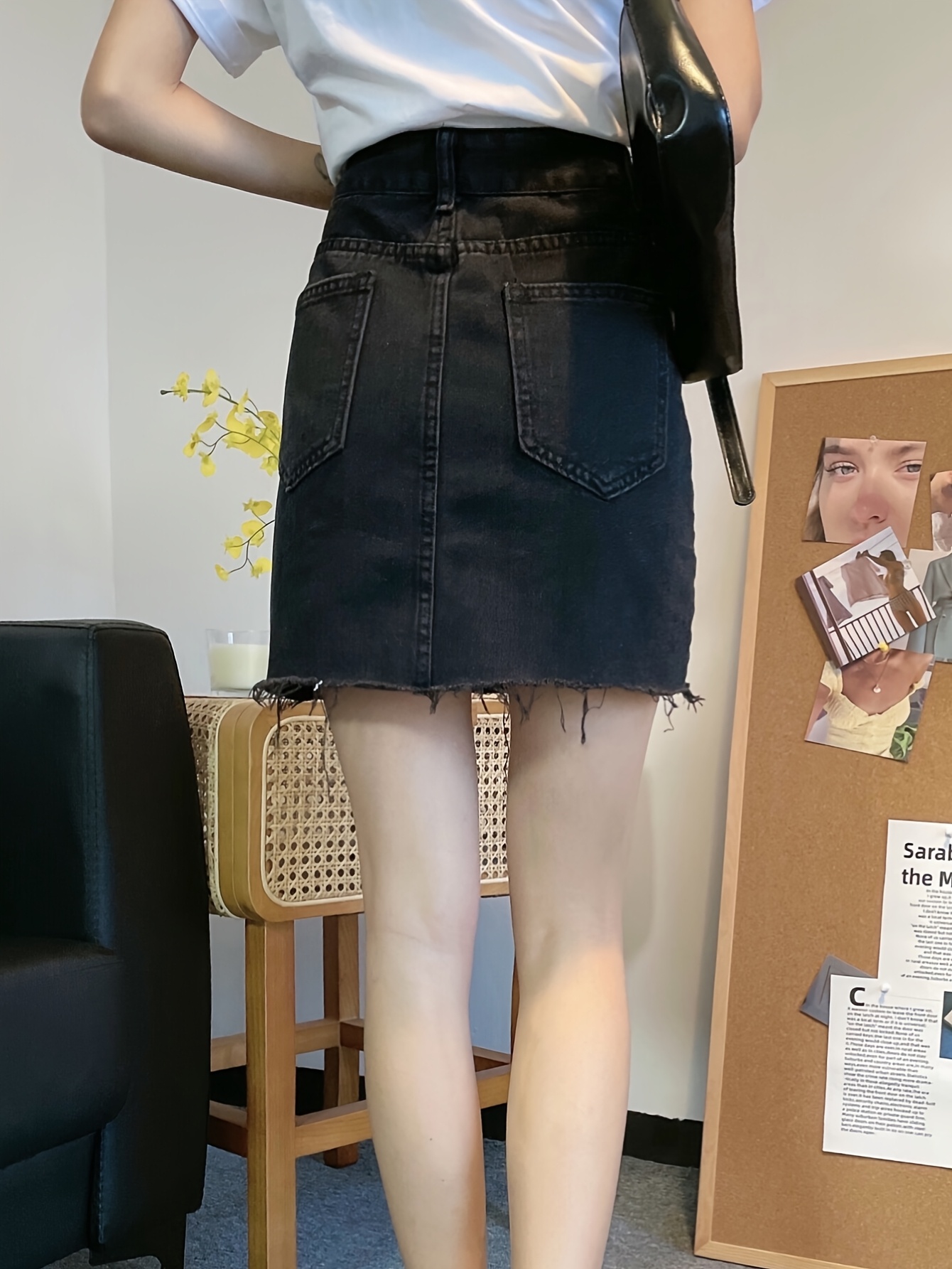 Women S  -Waist Denim Skirt,   Color Black, Non-Stretch Cotton  , Regular Fit, with Split Hem and     Detail, for Spring/Summer/Fall - Woven Fabric details 1