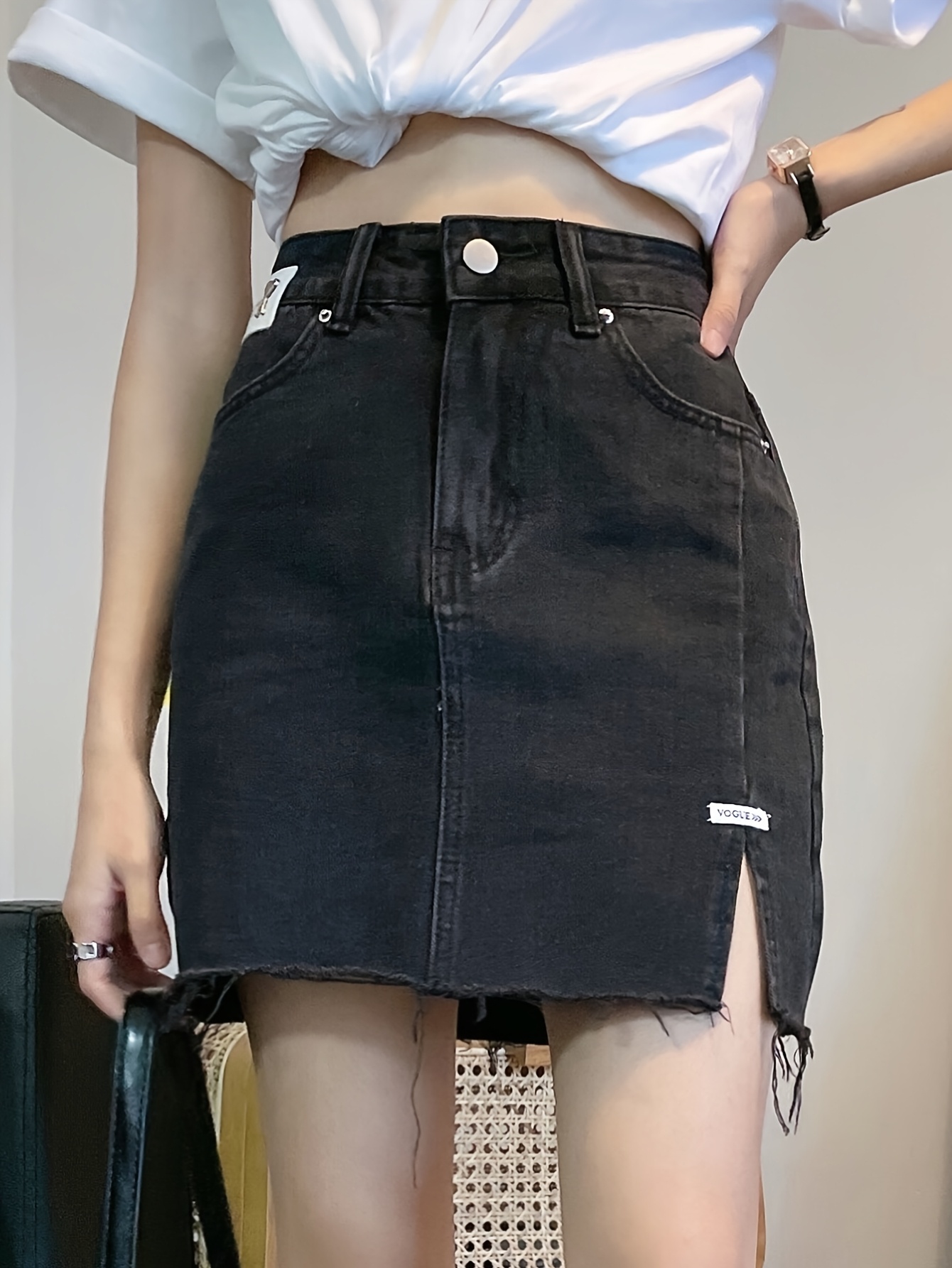 Women S  -Waist Denim Skirt,   Color Black, Non-Stretch Cotton  , Regular Fit, with Split Hem and     Detail, for Spring/Summer/Fall - Woven Fabric details 2