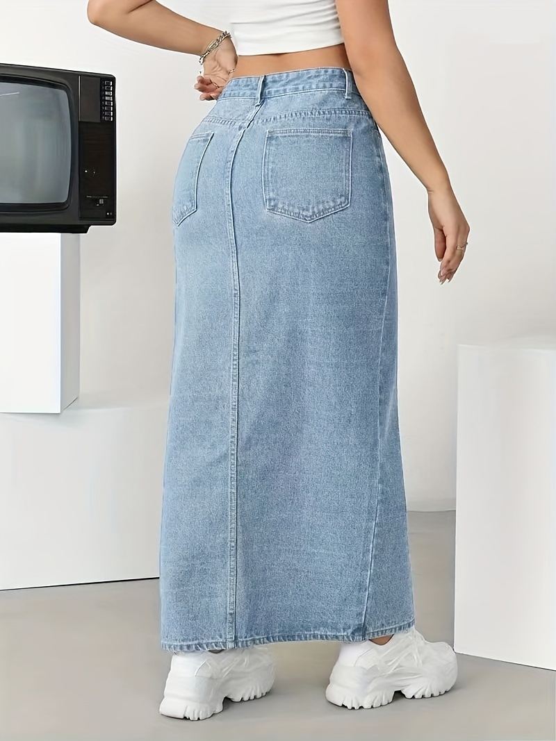 split side whiskering light washed blue   stretchy maxi denim skirt womens denim jeans clothing details 1