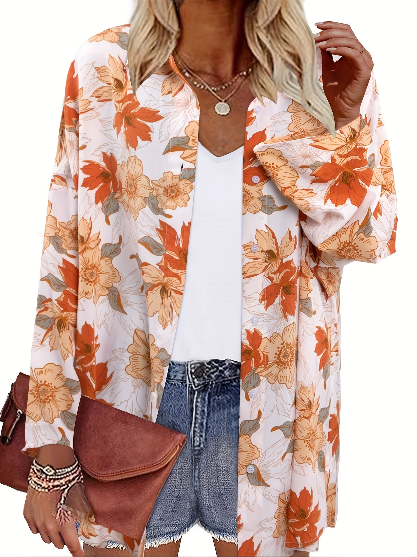 floral print button up shirt vacation lapel neck long sleeve loose shirt womens clothing details 0