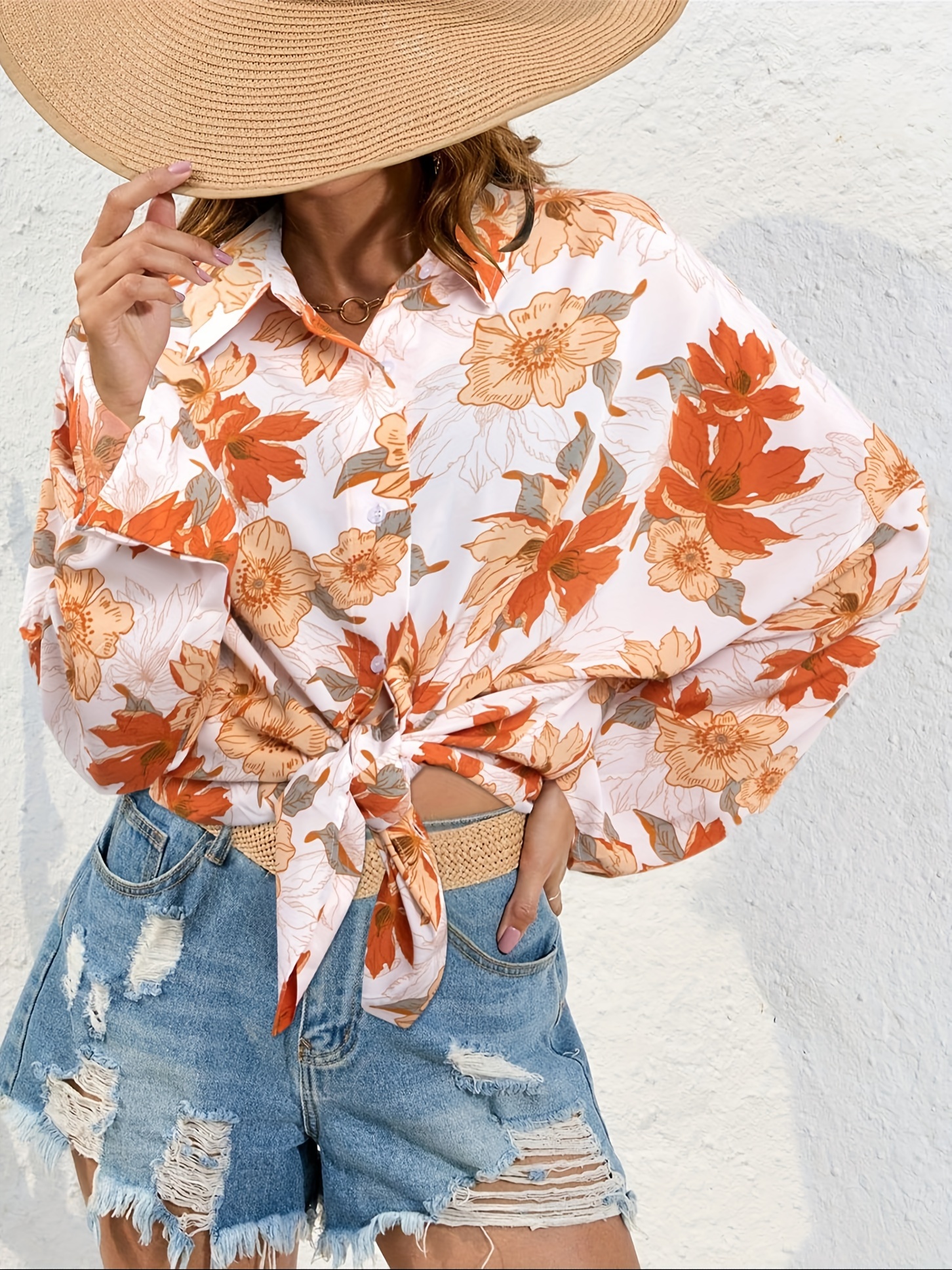 floral print button up shirt vacation lapel neck long sleeve loose shirt womens clothing details 1