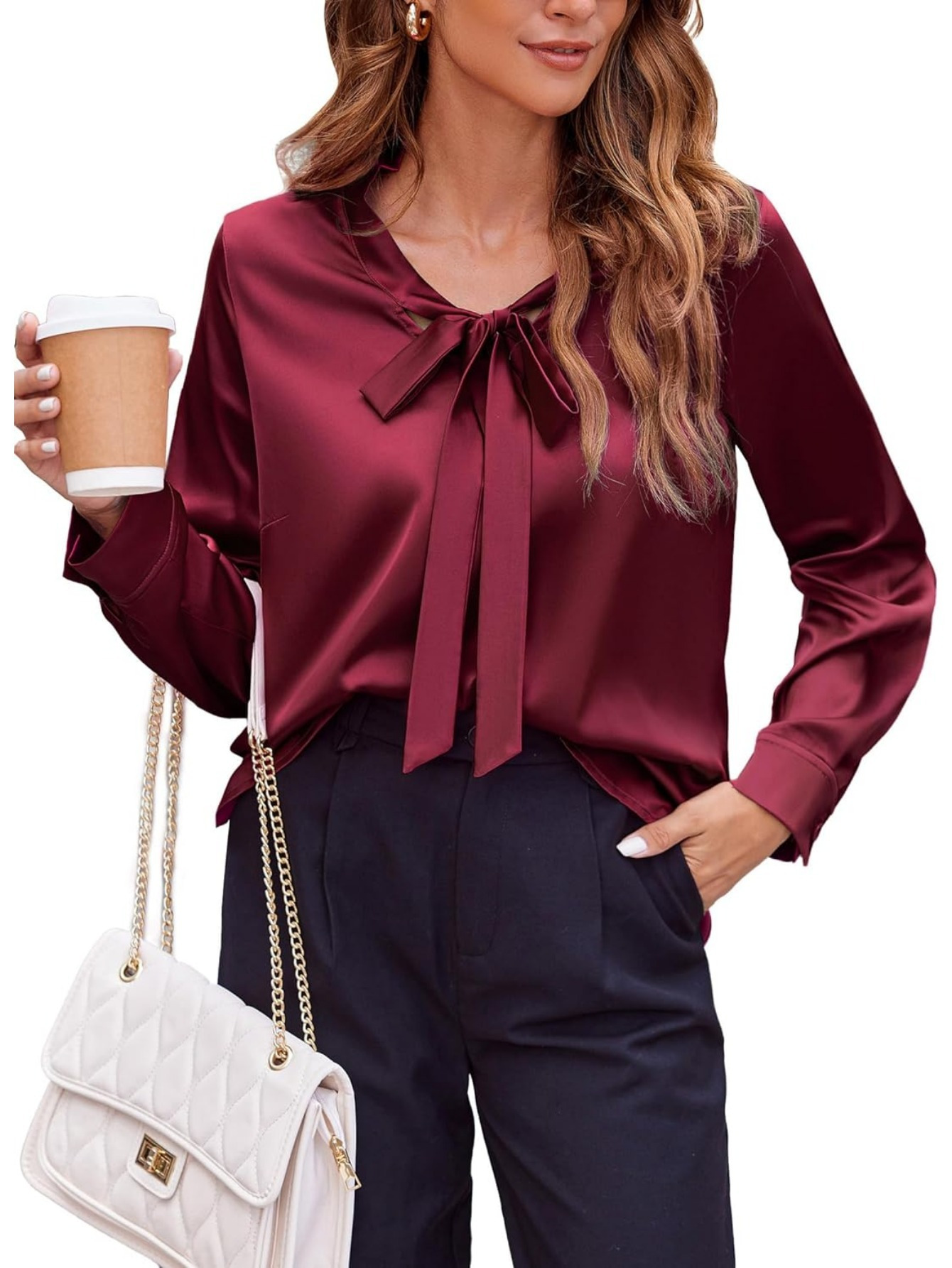 womens satin silk long sleeve blouse with bow tie neck office work wear elegant tops details 6