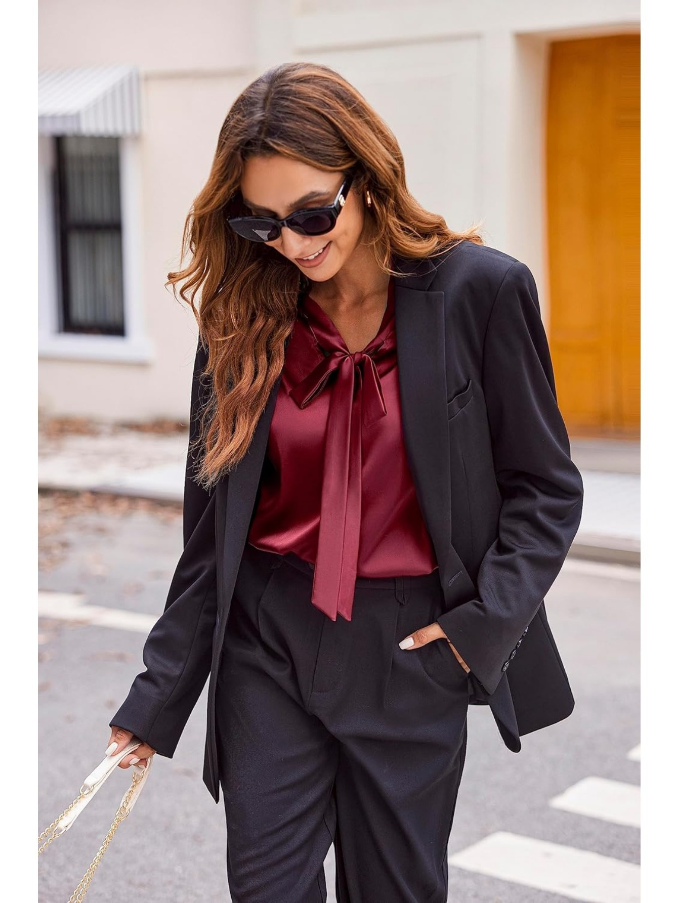 womens satin silk long sleeve blouse with bow tie neck office work wear elegant tops details 7