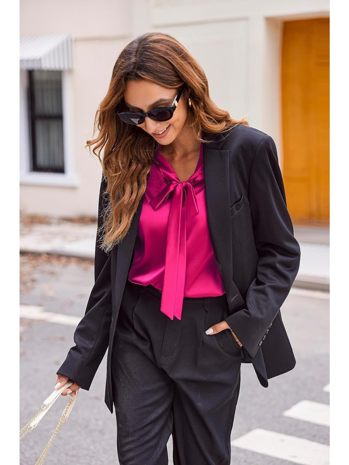 womens satin silk long sleeve blouse with bow tie neck office work wear elegant tops details 15