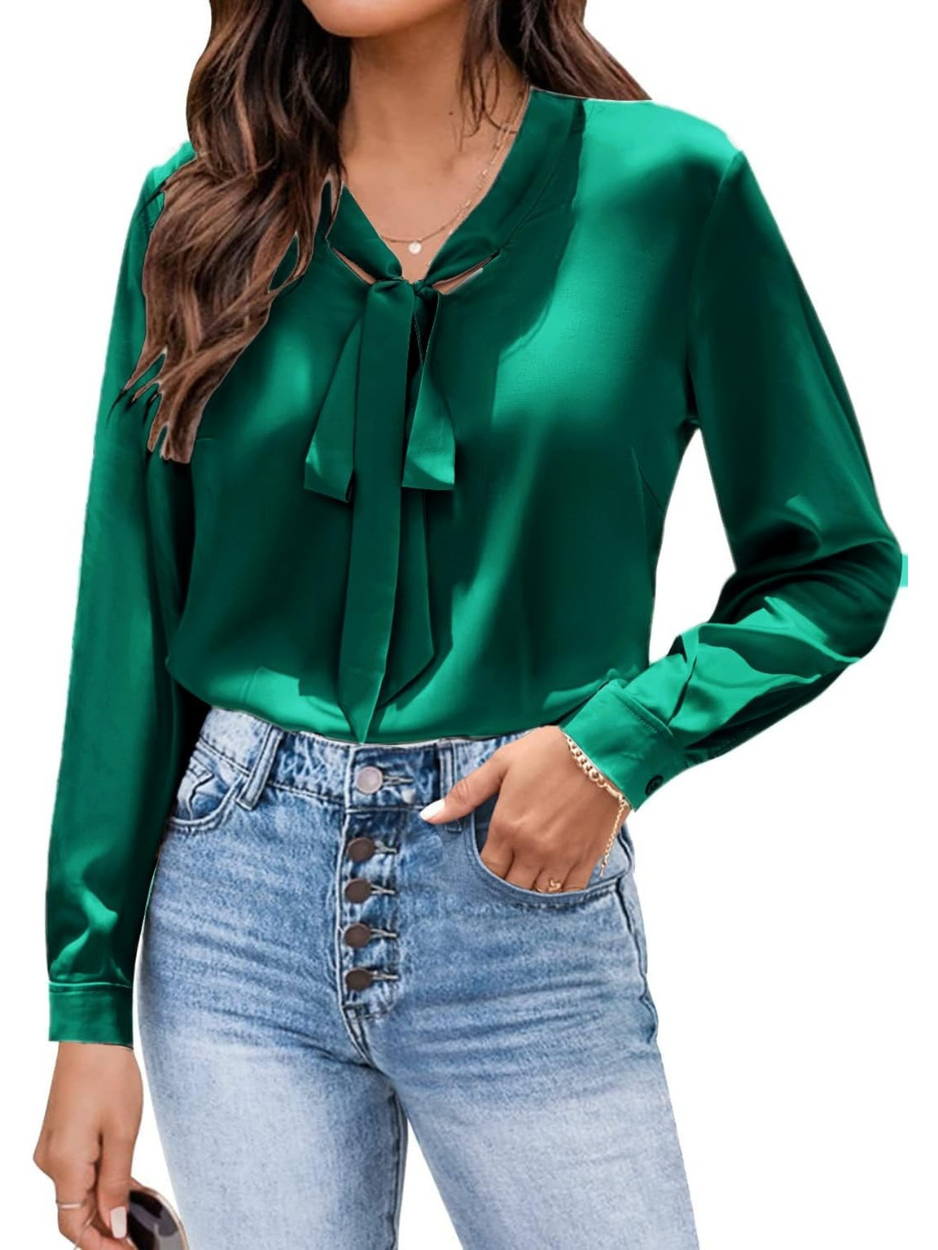 womens satin silk long sleeve blouse with bow tie neck office work wear elegant tops details 24