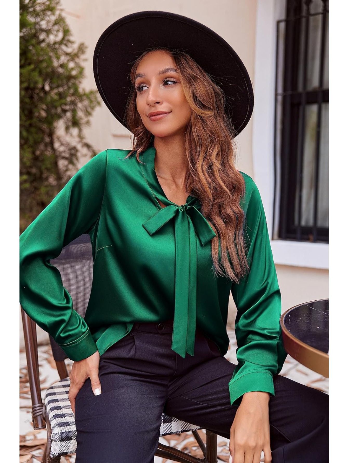 womens satin silk long sleeve blouse with bow tie neck office work wear elegant tops details 29