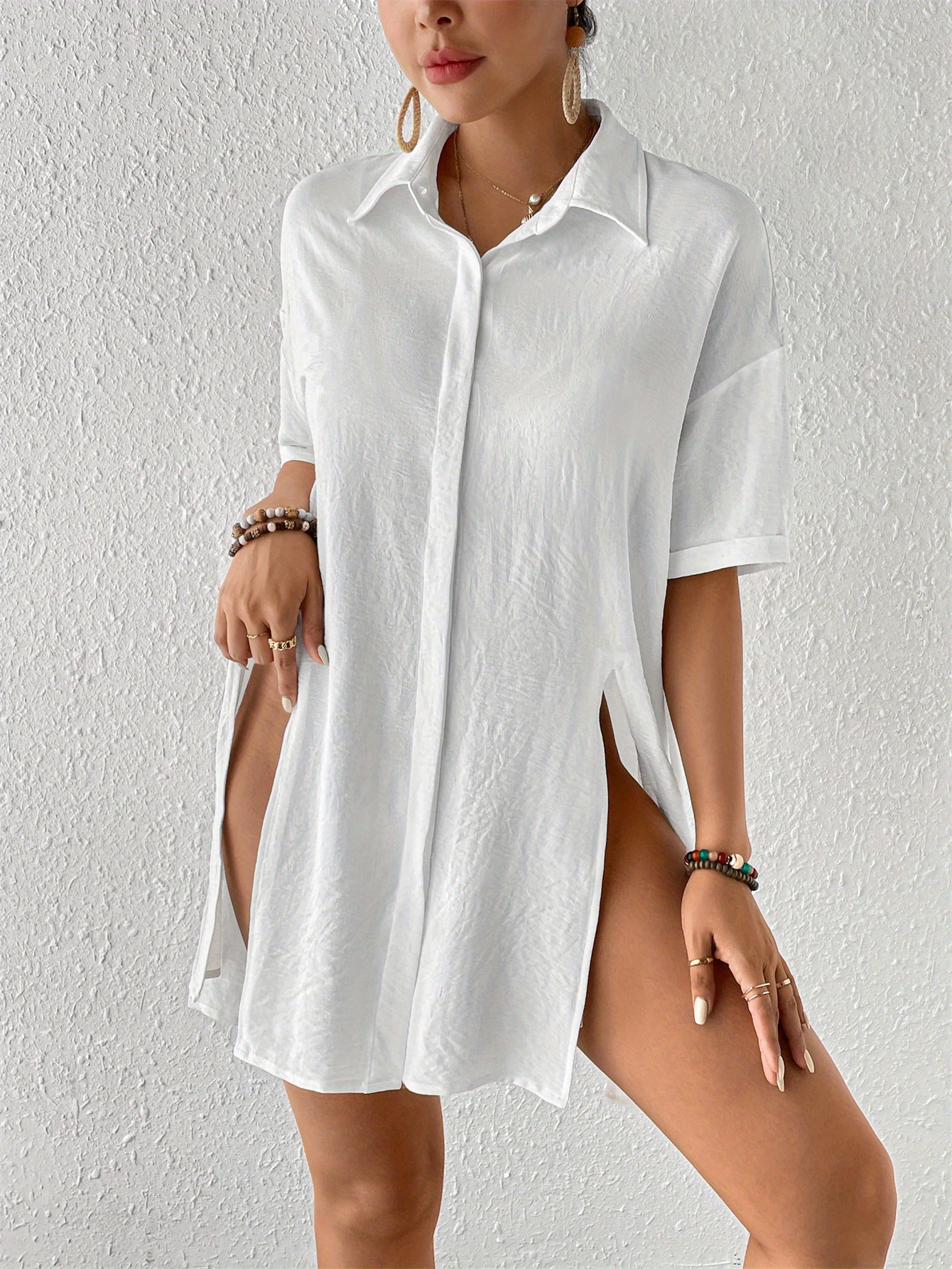 womens short shirt ice silk wrinkled   neck solid color button elegant casual shirt details 7