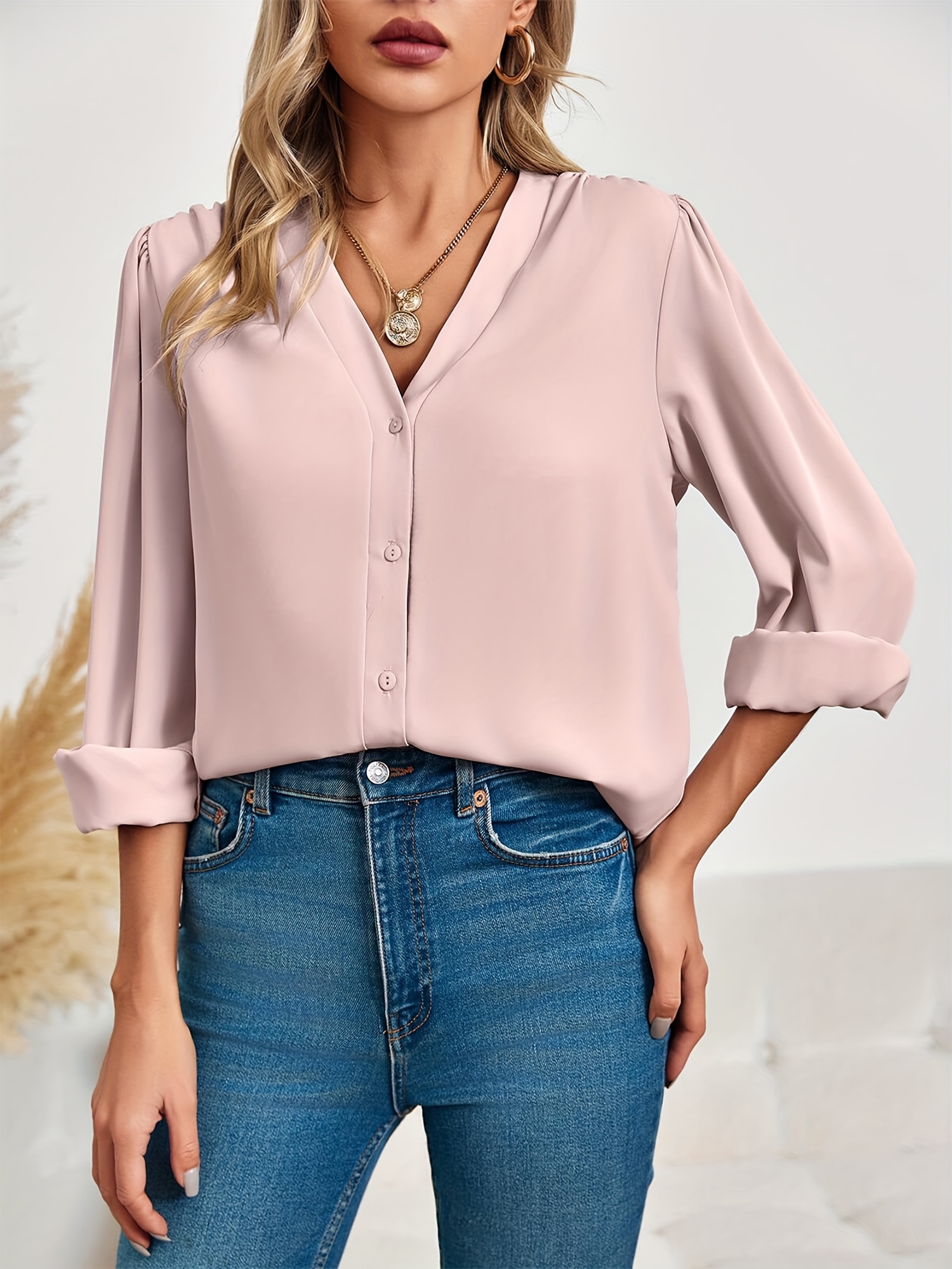 womens business casual tops summer long sleeve silk button down shirts v neck chiffon blouses details 1