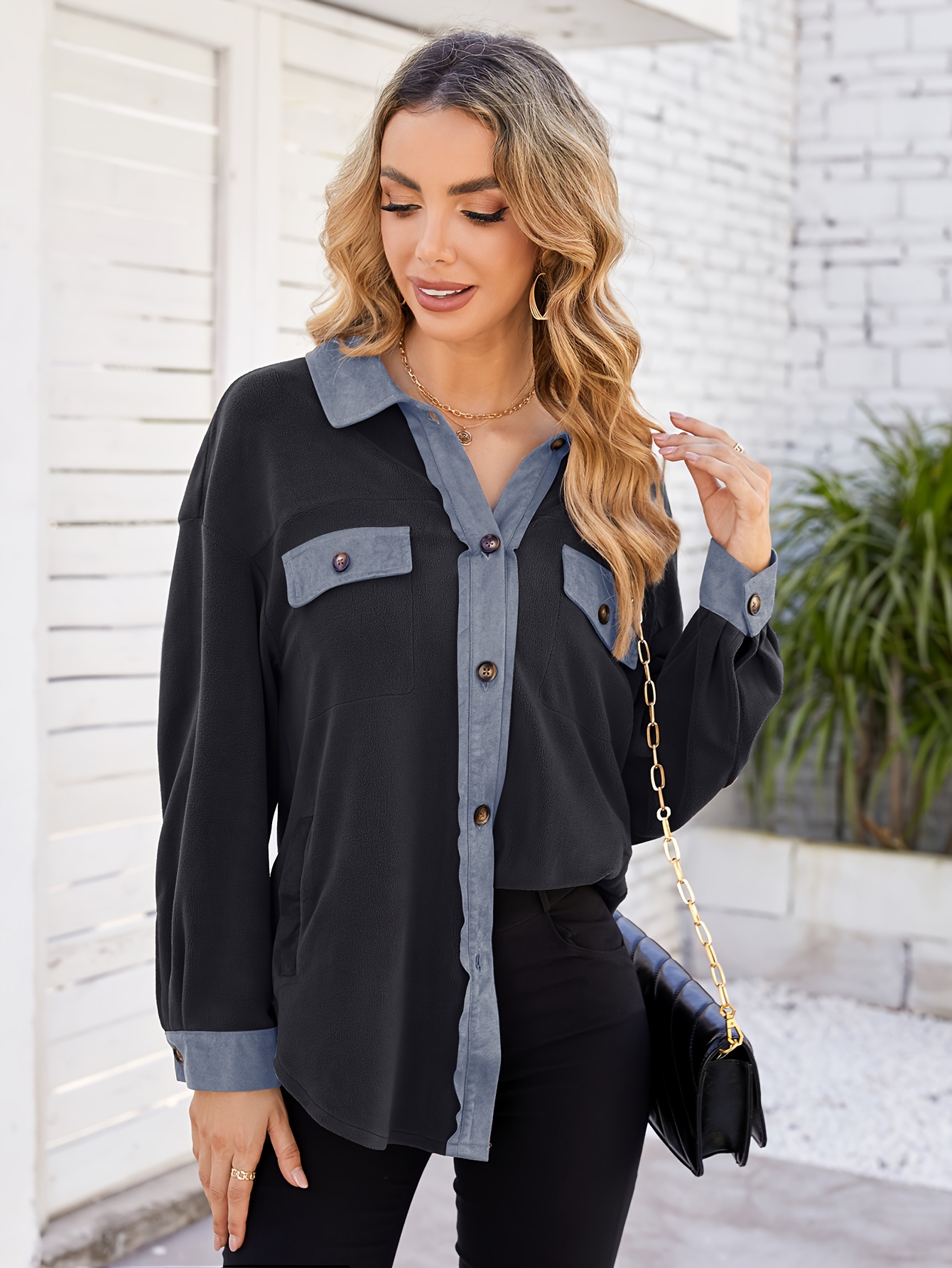 drop shoulder button front shirt casual long sleeve with pocket shirt for spring fall womens clothing details 0