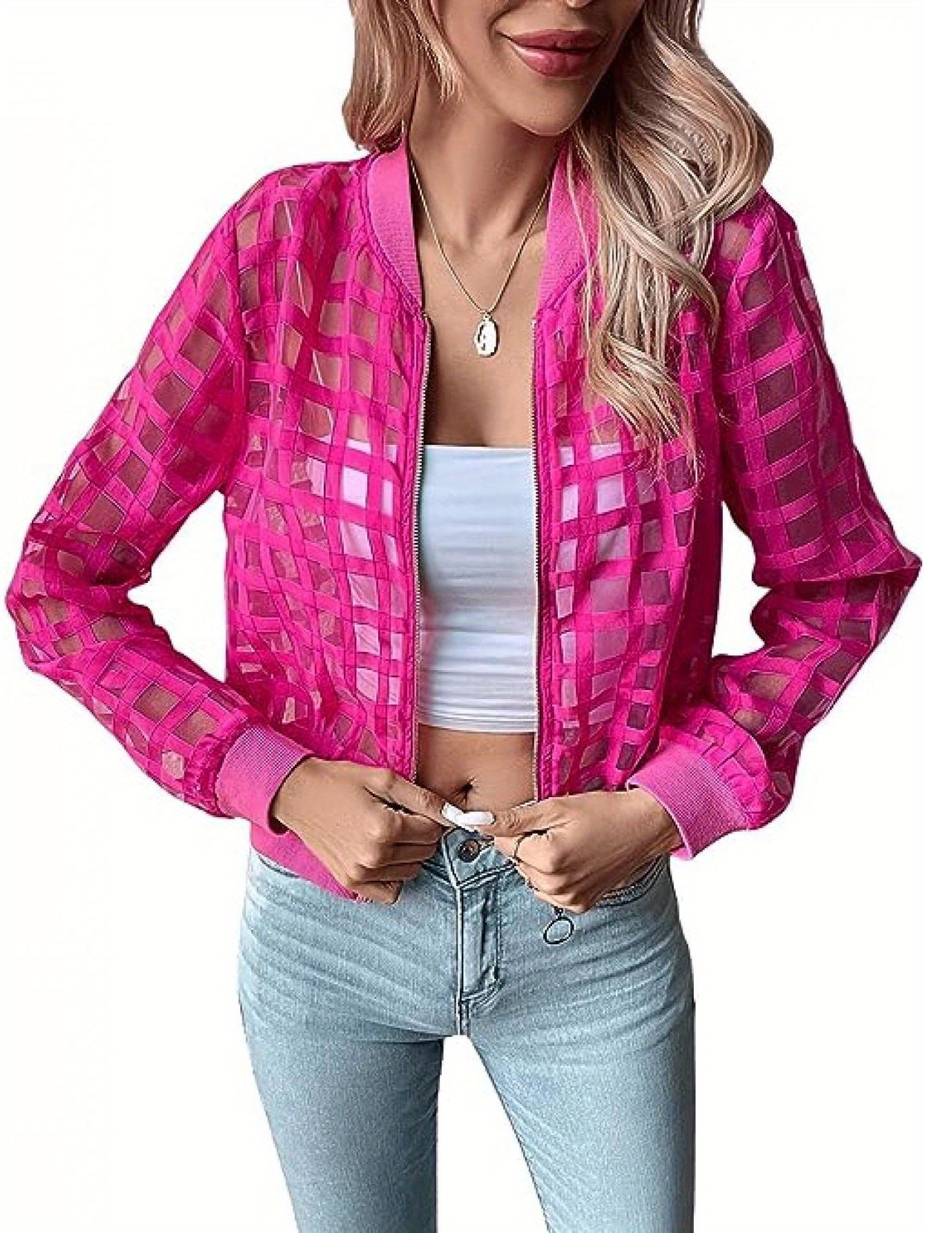 womens sheer bomber jacket long sleeve baseball collar hollow out zip up jacket outwear details 0