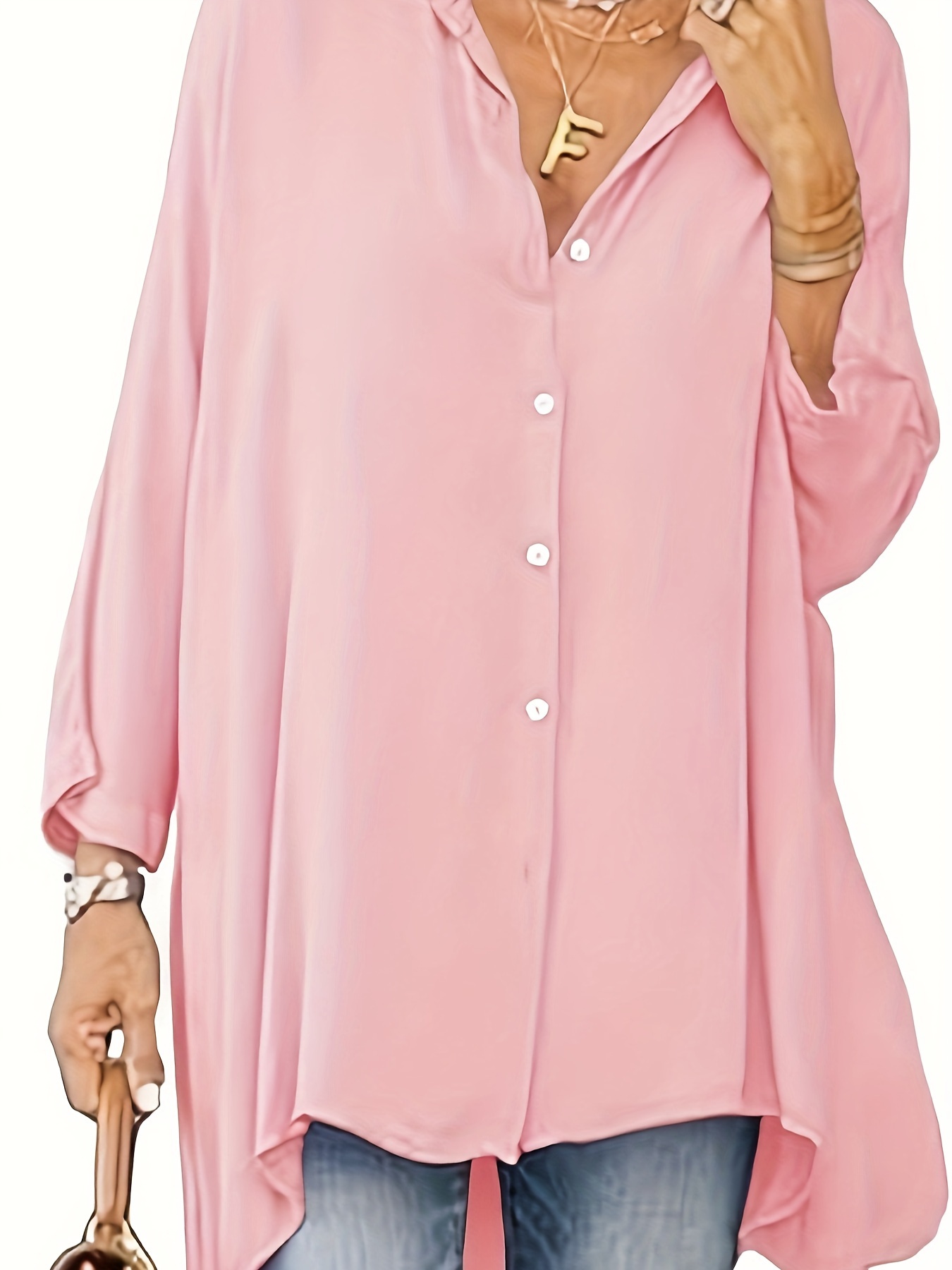 womens oversized t shirt button up long sleeve shirt v neck loose flowy shirt details 2