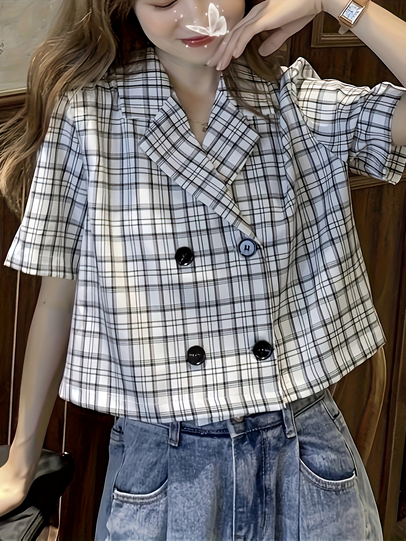 plaid print double breasted crop blouse casual short sleeve lapel blouse for spring summer womens clothing details 3