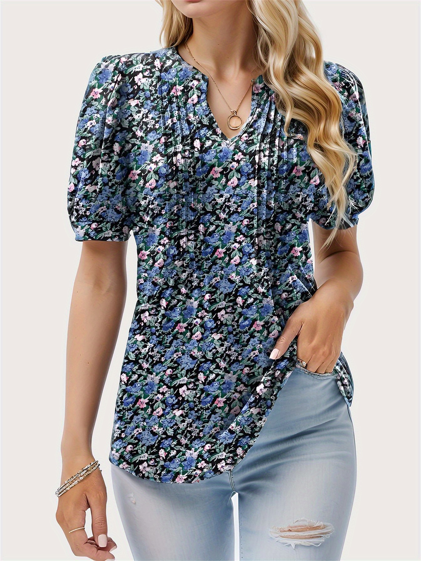 floral print notched neck blouse casual pleated puff sleeve blouse for spring summer womens clothing details 0