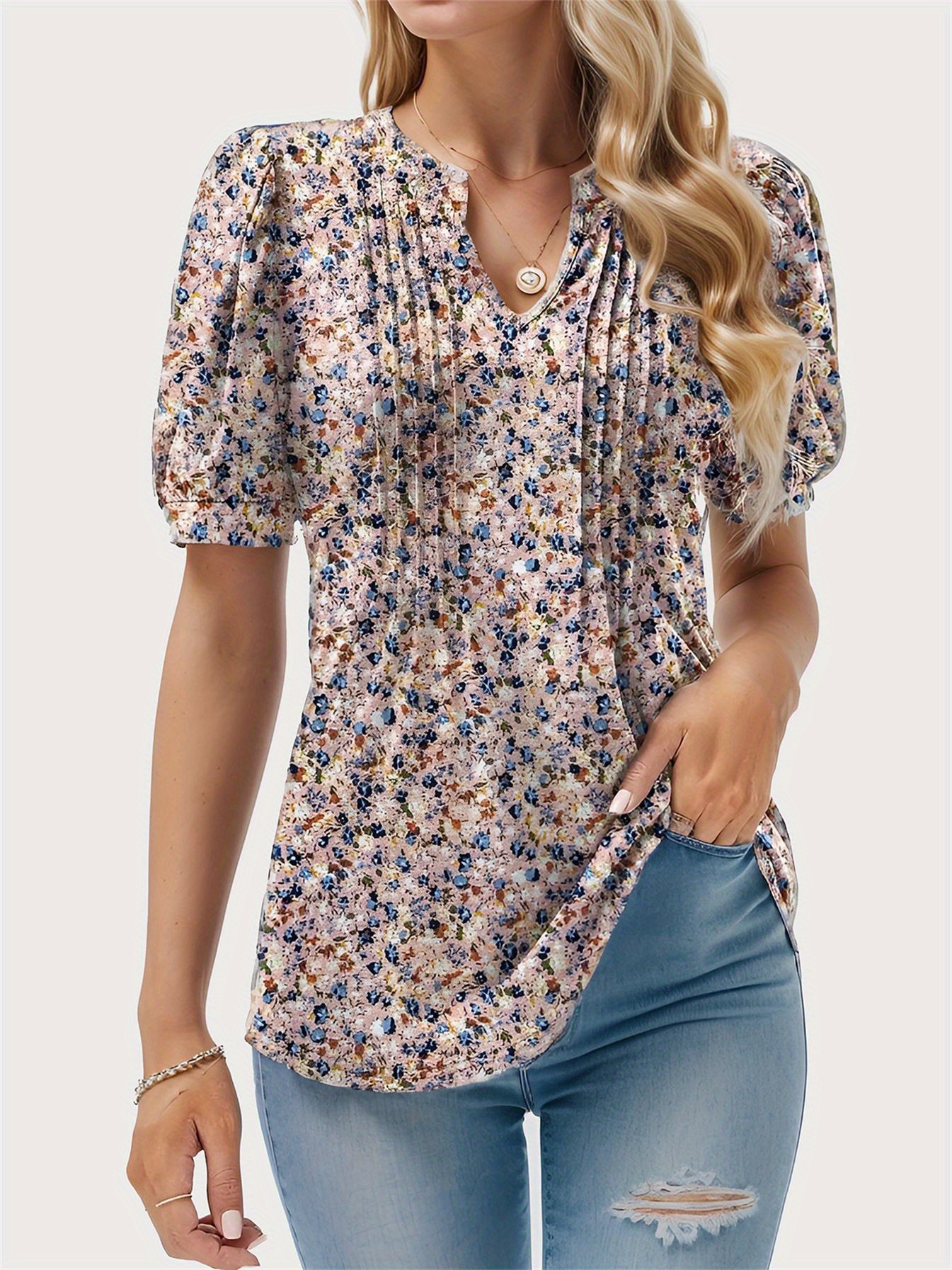 floral print notched neck blouse casual pleated puff sleeve blouse for spring summer womens clothing details 10