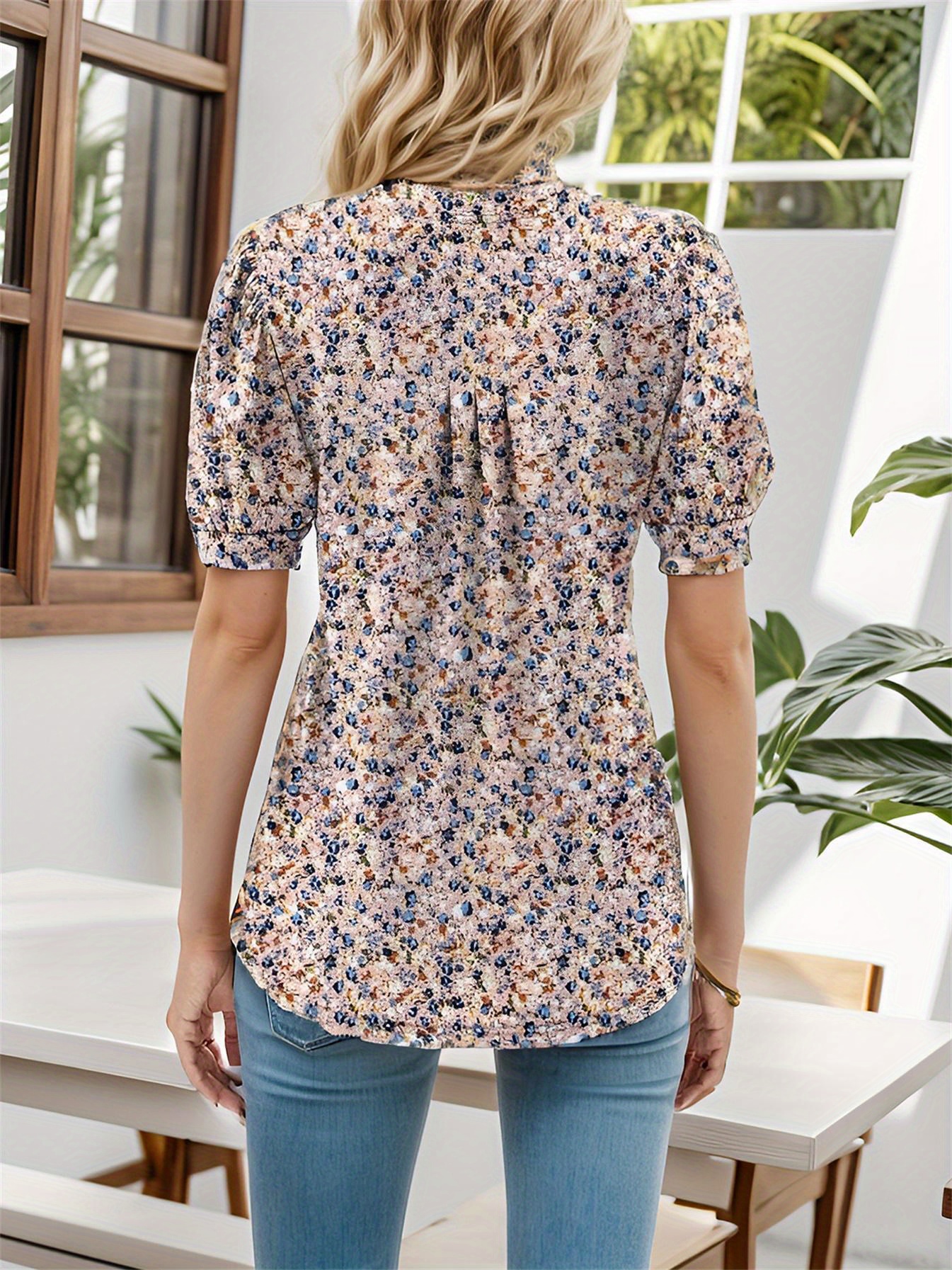 floral print notched neck blouse casual pleated puff sleeve blouse for spring summer womens clothing details 14