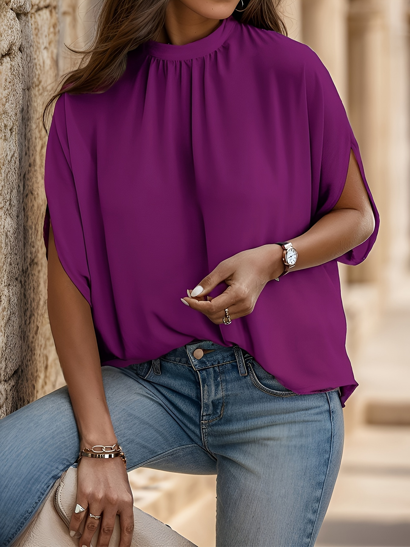 solid color stand collar blouse casual tie back batwing sleeve blouse for spring summer womens clothing details 3