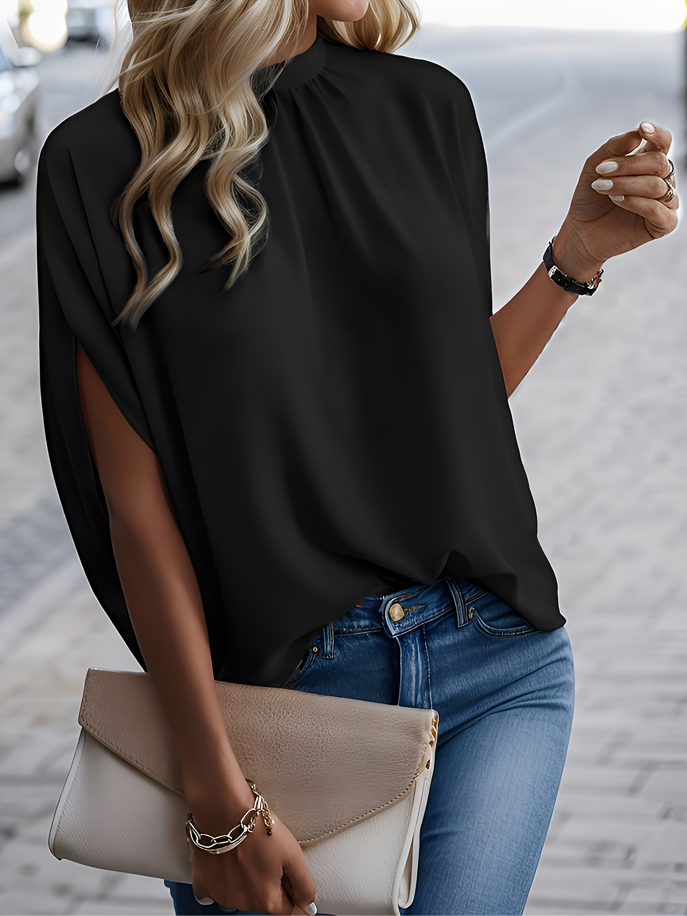 solid color stand collar blouse casual tie back batwing sleeve blouse for spring summer womens clothing details 14