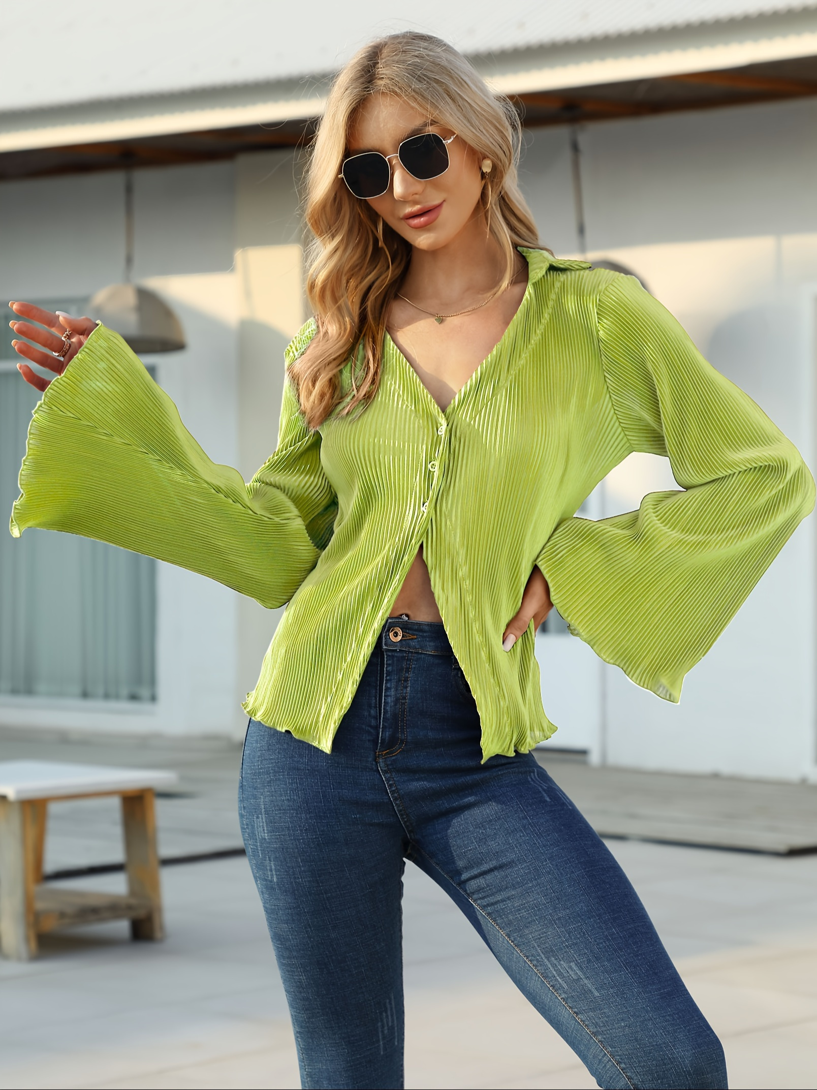 solid pleated v neck blouse casual button front bell sleeve blouse for spring fall womens clothing details 5